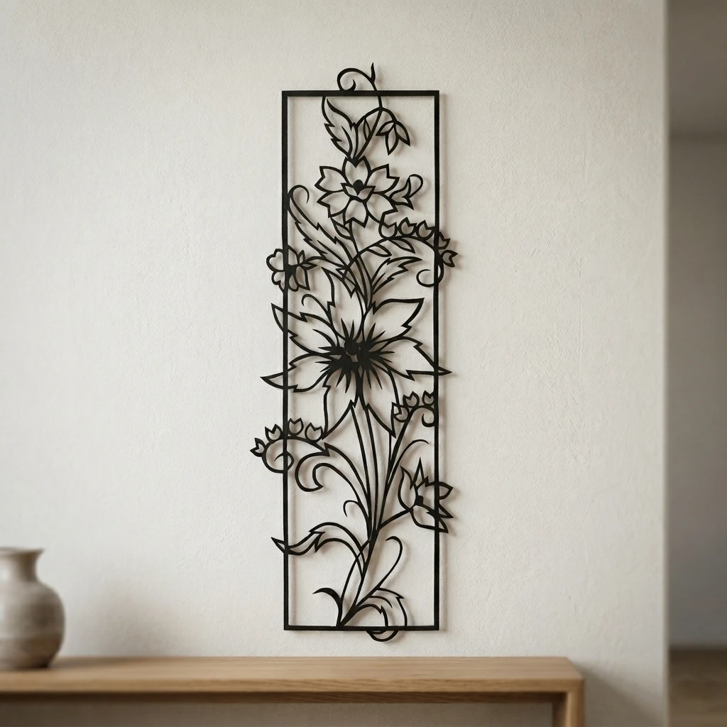 Çiçek Desenli Dekoratif Siyah MDF Duvar Dekoru